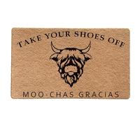 LUVADIAN Doormat, Funny Highland Cow Welcome Mat, Shoes Off, 17x30 Inch