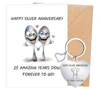 Luvart 25th Silver Wedding Anniversary Card - 2Pcs 25th Anniversary Wedding Gifts Set, Cute Funny Silver Marriaged 25 Years Card with Envekope and Keyring Presents for Wife Husband Couple