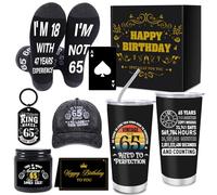 Luvart 65th Birthday Gifts for Men - 7Pcs 65 Years Old Mens Birthday Gifts Ideas, 20oz Travel Mug, Funny Socks, Baseball Cap,Keyring, Bottle Opener, Candles, 65th Presents for Dad Grandad Husband Boss