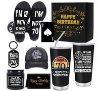 Luvart 70th Birthday Gifts for Men - 7Pcs 70 Years Old Mens Birthday Gifts Ideas, 20oz Travel Mug, Funny Socks, Baseball Cap,Keyring, Bottle Opener, Candles, 70th Presents for Dad Grandad Husband Boss