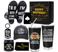 Luvart 75th Birthday Gifts for Men - 7Pcs 75 Years Old Mens Birthday Gifts Ideas, 20oz Travel Mug, Funny Socks, Baseball Cap,Keyring, Bottle Opener, Candles, 75th Presents for Dad Grandad Husband Boss