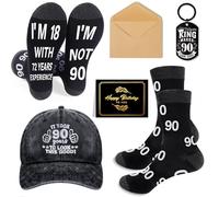 Luvart 90th Birthday Gifts for Men - 4Pcs 90 Year Old Mens Birthday Gifts Ideas, Funny Baseball Cap, Socks, Keyring, Greeting Card with Envelope, Cool 90th Presents for Him Dad Granpa Husband Boss