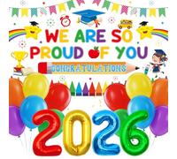 Luvart Graduation Decorations Preshchool Backdrop - Class of 2026 Preschool Graduation Decorations Congratulation Party Decor, We Are So Proud Of You Colorful Backdrop with Balloons