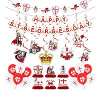 Luvart Happy St. George's Day Decorations - Bulk St George Red White Flag Rose Knight Buttings Hanging Swirls Comb Centerpiece Balloons Party Decorations