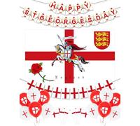 Luvart Happy St. George's Day Decorations - Large St George's Flag Backdrop Banner, Happy St George Buttings Banner White Red Flags Balloons Party Decorations