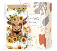 Luvart Highland Cow Cifts for Women - 16oz Cute Highland Cow Glass Cup with Lid Straw, Western Farm Animal Print Driinking Glasses Mug Tumbler, Birthday Christmas Valentines Mothher's Day Gifts