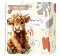 Luvart Highland Cow Gifts for Women - 16oz Cute Highand Cow Glass Cup with Lid Straw, Western Farm Animal Print Drinking Glasses Mug Tumbler, Mum Sister Besties Christimas Mother's Day Birthday Gifts