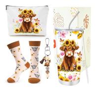 Luvart Highland Cow Gifts for Women - 4Pcs Highland Cow Gift Set, 20oz Travel Mug with Lid Straw, Sunflower Cattle Makeup Bag Keyring Socks for Scottish Cattle Lovers Birthday Christmas Presents