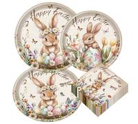 Luvart Spring Easter Party Tableware Set - 72 Pcs Easter Rabbit Tea Party Tableware Paper Plates Napkins Spring Dinnerware Supplies for Wedding Birthday Afternoon Tea Table Decor Serve 24 Guests