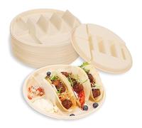 LUVCOSY 40 Pack Disposable Taco Plates With Dipping Sides, Biodegradable Cornstarch Taco Holder for Party, Large Size Fit for 6-8 Inch Large Tortilla, Microwave Safe