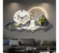 LUVEQLSIT 3D Luxury Wall Clock with LED Light, Modern Oriental Landscape Walls Art with Deer & Koi Fish Decor, Silent Backlit Wall Clock for Entryway, Fulu Zen Inspired Artwork(Silver B,100cm/39.3in)