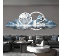 LUVEQLSIT 3D Wall Art Decor Clock with LED Light, Large Blue & Gold Landscape Wall Sculpture with Moon Texture Dial, Modern Silent Decorative Hanging Painting for Living Room(Blue B,120cm/47.2in)