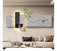 LUVEQLSIT Wabi-Sabi 3D LED Wall Art Decor with Clock, Modern Minimalist Backlit Wall Sculpture with Plant Vase, Large Textured Wall Hanging for Office, Earth Tone Home Decor(Grey,150cm/59in)