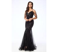 LuvForever Fashion Women's Alora - Black Jewelled Shoulder Sequin Maxi Dress | Size: 14 LuvForever Fashion Black 14