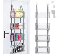 LUVHOMEE Over the Door Organiser, Pantry Hanging Shelves with 4 Large Clear Pockets, Dual-use or Wall Mount Diaper Toy Storage Bag for Closet, Dorm, Gray, w/Bottom Support, 15''x6''x53''