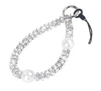 LUVI Bling Phone Charm Chain Diamond Wrist Strap Rhinestone Pearl Glitter Lanyard String Bracelet Keychain Cute Fashion Luxury for Women Silver