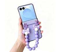 LUVI Compatible with Galaxy Z Flip 8 Case Cute with Chain PU Leather Pearl Bracelet Wristband Strap Hinge Protection Shockproof Cover for Women Girls Silver