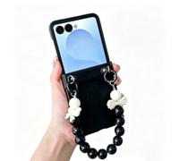 LUVI Compatible with Galaxy Z Flip 8 Case Cute with Chain PU Leather Pearl Bracelet Wristband Strap Hinge Protection Shockproof Cover for Women Girls Black