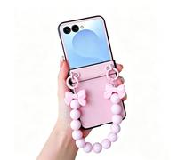 LUVI Compatible with Galaxy Z Flip 8 Case Cute with Chain PU Leather Pearl Bracelet Wristband Strap Hinge Protection Shockproof Cover for Women Girls Pink