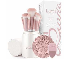 Luvia Prime Vegan Pro Candy Make-Up Brush Set, 7 Makeup Brushes Including Brush Storage, Blender Sponge & Cleaning Mat for Cosmetic Brushes, Mother of Pearl & Pearl Pink