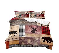 LUVIVIHOME 2PCS Deer Black Bear Duvet Cover Twin Bedding, Rustic Country Farmhouse Christmas Cabin Lodge Quilt Patchwork Bedspread Red Plaid Comforter Cover, 1 Pillow Sham