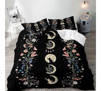 LUVIVIHOME 3PCS Black Cat Moon Phase Duvet Cover Full Bedding Set, Boho Aesthetic Celestial Witchy Mystic Gothic Moonlit Wildflower Floral Plant Botanical Black Comforter Quilt Cover, 2 Pillow Cases