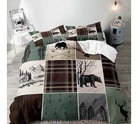 LUVIVIHOME 3PCS Cabin Rustic Bedding, Black Bear Duvet Cover Queen, Farmhouse Bedding, Deer Elk Moose Forest Animal Wildlife Lodge Quilt Bedspread Sage Green Brown Plaid Comforter Cover 2 Pillow Shams