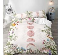 LUVIVIHOME 3PCS Light Pink Moon Phase Duvet Cover Queen Bedding Sets, Boho Aesthetic Moonlit Garden Flower Wildflower Floral Green Plant Botanical Beige Comforter Bedspread Quilt Cover, 2 Pillow Cases