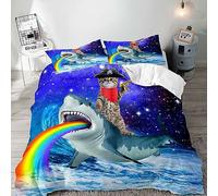 LUVIVIHOME 3PCS Rainbow Shark Bedding Set, Funny Cat Duvet Cover Full, Blue Galaxy Bedding, Teens Boys Girls Kids Bedding, Ocean Animals Kids Comforter Bedspread Quilt Cover, Cat Gifts, 2 Pillow Cases