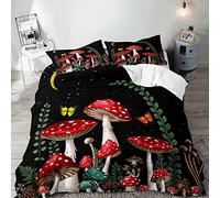 LUVIVIHOME 3PCS Red Mushroom Bedding Set, Black Duvet Cover Full, Boys Girls Kids Bedding, Boho Aesthetic Moon Butterfly Green Plant Botanical Fungus Mushroom Comforter Quilt Cover, 2 Pillow Shams