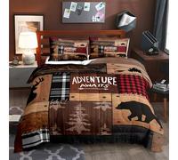 LUVIVIHOME 3PCS Rustic Cabin Comforter Set Queen Size, Farmhouse Bedding, Black Bear Deer Elk Moose Forest Animal Wildlife Hunting Country Brown Patchwork White Red Plaid Lodge Quilt, 2 Pillow Shams