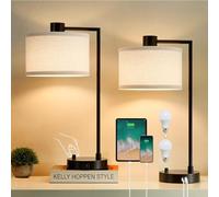 Luvkczc Table Lamp for Bedroom Set of 2 with USB C+A Ports, Fully Stepless Dimmable Bedside Lamp with Linen Lampshade, Contemporary Lamp for Living Room Reading Office, 2 LED Bulbs Included (Black)
