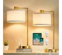 Luvkczc Table Lamp for Bedroom Set of 2 with USB C+A Ports, Fully Stepless Dimmable Bedside Lamp with Linen Lampshade, Nightstand Lamp for Living Room Reading Office, 2 LED Bulbs Included (Gold)