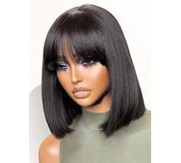 LUVME HAIR Bright Yaki Bob Wig with Bangs 12 Inch Human Hair Realistic HD Lace Short Black Bob Wig Ready to Use Blunt Cut Glueless 180% Density