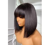 LUVME HAIR Silky Bob Wig with Bangs 10 Inch Human Hair Realistic HD Lace Short Black Bob Wig Ready to Use Blunt Cut Glueless 180% Density
