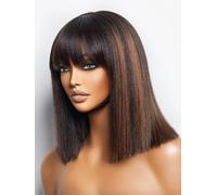 LUVME HAIR Yaki Straight Bob Wig with Bangs 12 Inch Glueless HD Bob Wig Brown Reflections Ready to Use Short Wigs for Women