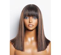 LUVME HAIR Yaki Straight Bob Wig with Bangs 14 Inch with Bangs Glueless HD Bob Wig with Brown Reflections Short Wig Ready for Women G