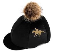 Luvponies Horse and Rider Silhouette Personalised Riding Hat Cover, Black/Frost Brown Pom and Gold Print