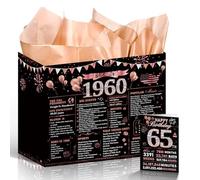 Luvsweets 65th Birthday Gift Bag - Rose Gold Back in 1960 Decorations, Happy Birthday Gift Wrap Bag with Card Tissue Paper for 65 Year Old Women, Vintage 65th Party Decor Supplies