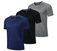 LUWELL PRO 3 Pack Mens T Shirts Gym Clothes Running ShirtsQuick Dry Sport Tops for Men UK Moisture Wicking Athletic Shirt Breathable Short Sleeve Work Tshirts Multipack(YF-UK-560-Black Grey Navy-M)