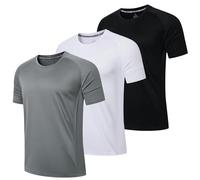 LUWELL PRO 3 Pack Mens T Shirts Gym Clothes Running ShirtsQuick Dry Sport Tops for Men UK Moisture Wicking Athletic Shirt Breathable Short Sleeve Work Tshirts Multipack(YF-UK-560-Black Grey White-S)