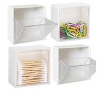 LUWOO 4 Pack Wall Mounted Storage Box with Clear Lid, Self Adhesive Multifunctional Dispenser Container for Cotton Swabs, Floss Picks, Hair Clip, Rubber Band Organizer, Small Holder Dispenser Cases