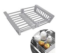 LUWOO Expandable Dish Drying Rack Over The Sink, Stainless Steel Drainer Basket with Adjustable Arms for Vegetable and Fruit (Grey)