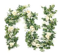 Luwqceu 2 Pack Eucalyptus Garland with Champagne Rose, Greenery Garland Bulk Artificial Silk Floral Eucalyptus Leaves Vines(C)