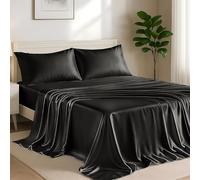 Lux Décor 3-Piece Twin Satin Sheet Set- Luxury Silky Soft 100% Polyester Woven Fabric, Deep Pocket Fitted Sheet - Smooth & Breathable Bedding with Pillowcase (Black)