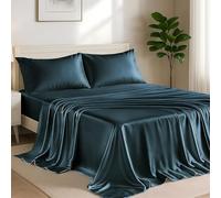 Lux Décor 4-Piece Satin King Sheets Set- Luxury Silky Soft 100% Polyester Woven Fabric, Deep Pocket Fitted Sheet - Smooth & Breathable Bedding with 2 Pillowcases (Navy)