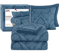 Lux Decor Collection 6 Piece Bed Sheet Set in 1800 Microfiber, Wrinkle, Stain, and Fade Resistant, Hypoallergenic, Navy Blue Cashmere Pattern for Double Bed