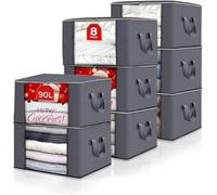 Lux-Living Clothes Storage Bags, 90 Litre Large Capacity With Zip And Clear Window, Thick Fabric With Durable Handles, Non-Woven Fabric Storage Bags, Storage Organizer For Bedding (Gray, Pack Of 8)