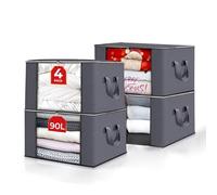 Lux-Living Clothes Storage Bags, 90 Litre Large Capacity With Zip And Clear Window, Thick Fabric With Durable Handles, Non-Woven Fabric Storage Bags, Storage Organizer For Bedding (Gray, Pack Of 4)