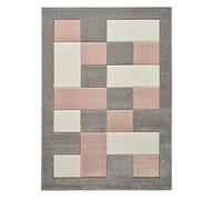 LUX Rugs Grey & Rose Pink Geometric Rectangles & Squares Modern Floor Rug 80cm x 150cm | Border Framed | 100% Polypropylene Machine Made | Hand Carved